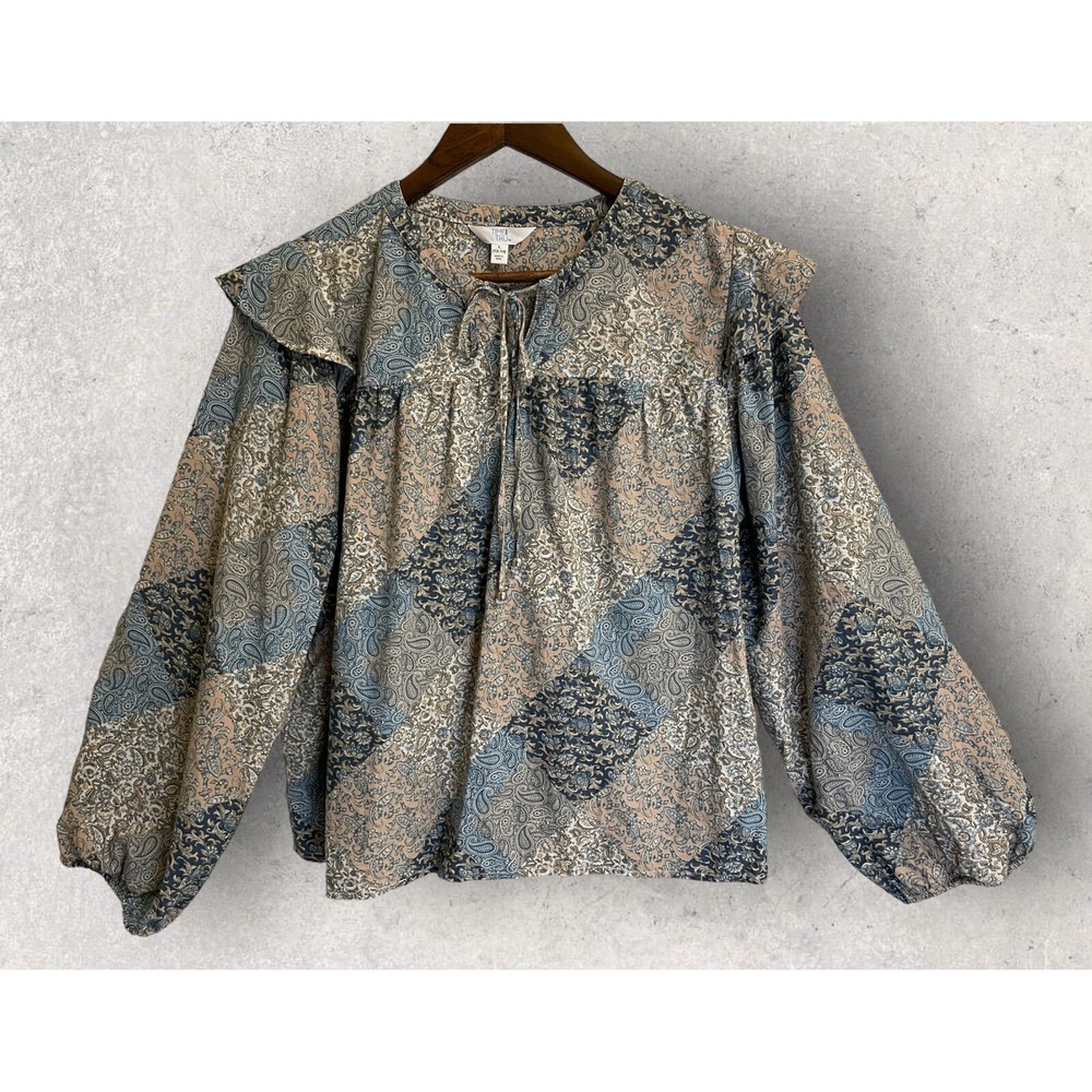 Time And Tru Shirt Womens Large 12-14 Ruffled Blue Beige Paisley Cotton Blend